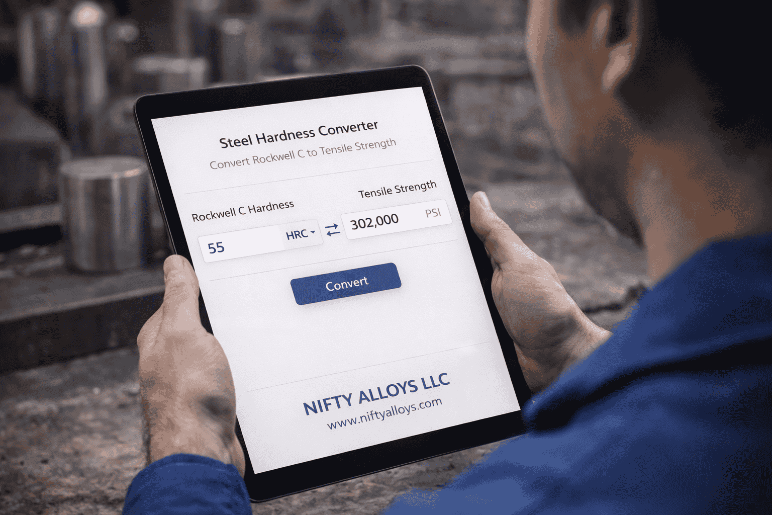 engineer using a digital steel hardness calculator